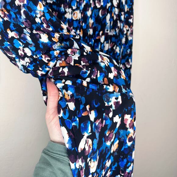 Maggy London Raglan Long Sleeve Crew Neck Blue Speckled Print Blouson Midi Dress - Picture 6 of 14